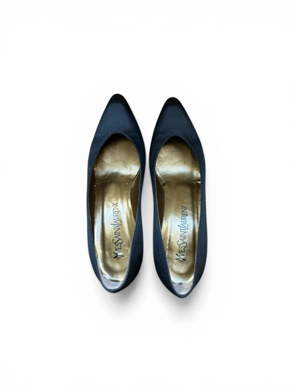 Yves Saint Laurent Vintage Satin Pumps Black Gold Leather Interior Size 7N - Picture 2 of 12